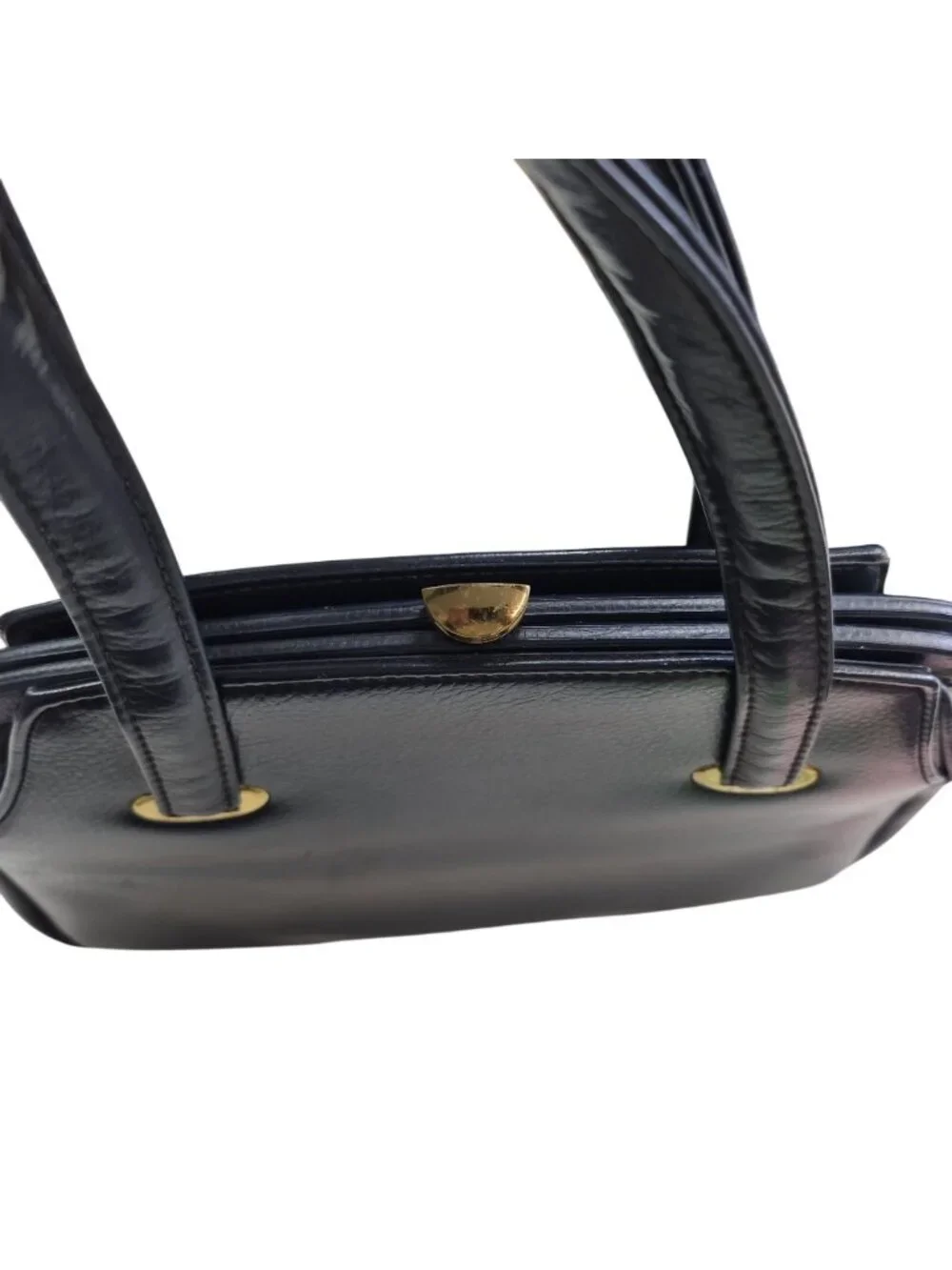 Vintage Navy Blue Leather Handbag Gold Hardware Top Handles & Beige Interior - Picture 6 of 16